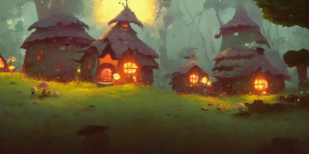 Image similar to small fairy mushroom house, by cory loftis & akihiko yoshida & james gilleard & atey ghailan & makoto shinkai & goro fujita & studio ghibli, rim light, exquisite lighting, clear focus, magic atmosphere, lights, night, very coherent, plain background, soft painting