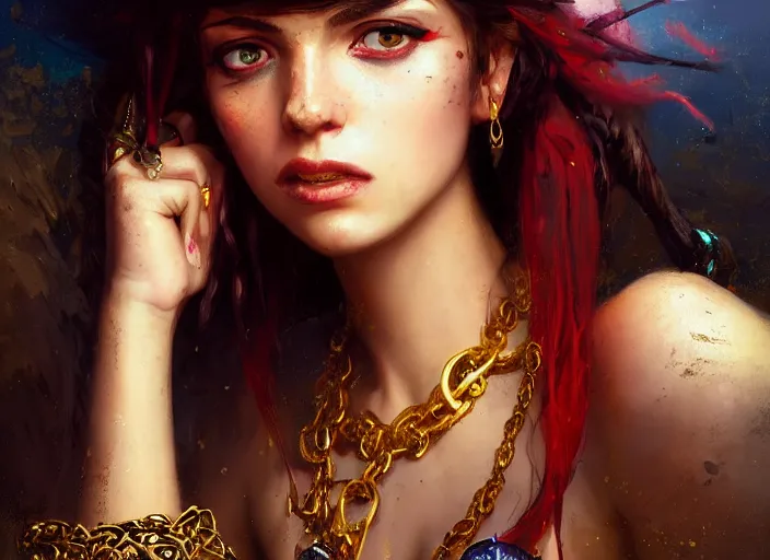 Image similar to full body picture of a pirate girl, hard breathing, messy hair, very excited, front of the treasure box, jewels and gold on the background, coveted, beautiful and aesthetic and attractive and detailed face, specular reflection, occlusion shadow, intricate, bokeh, masterpiece, by ilya kuvshinov and jeremy lipking and quentin mabille