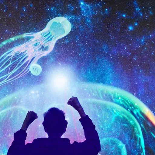 Image similar to over the shoulder photo of a man watching a magic cosmic glowing jellyfish in glowing cosmic stardust, colorful stars, galaxies, space, award winning photo, intricate, high detail, atmospheric, desolate