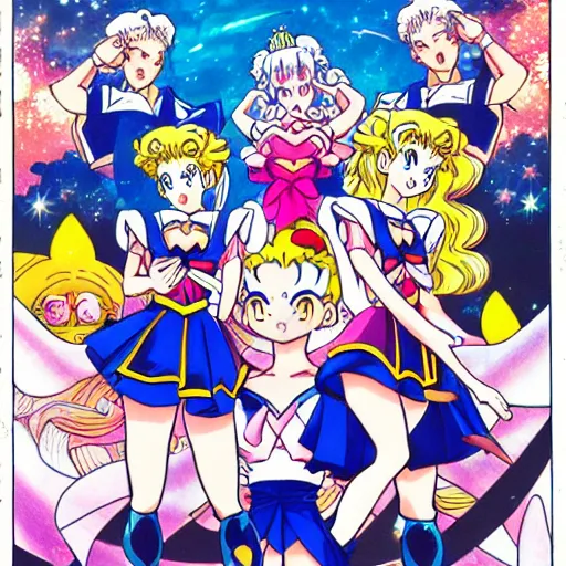 Image similar to sailor moon, illustrated by mato and ken sugimori and akira toriyama, manga, black and white illustration