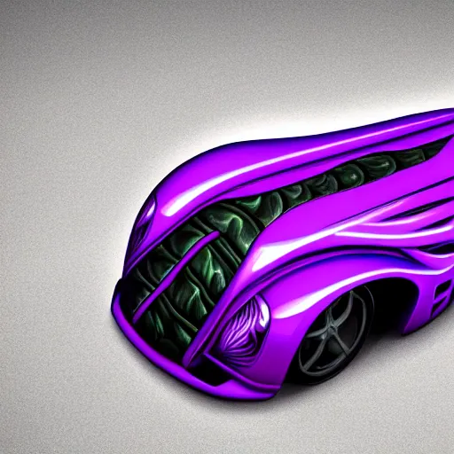 Prompt: a purple sports car shaped like a trilobite, ribs, scales, plates, octane engine, hd