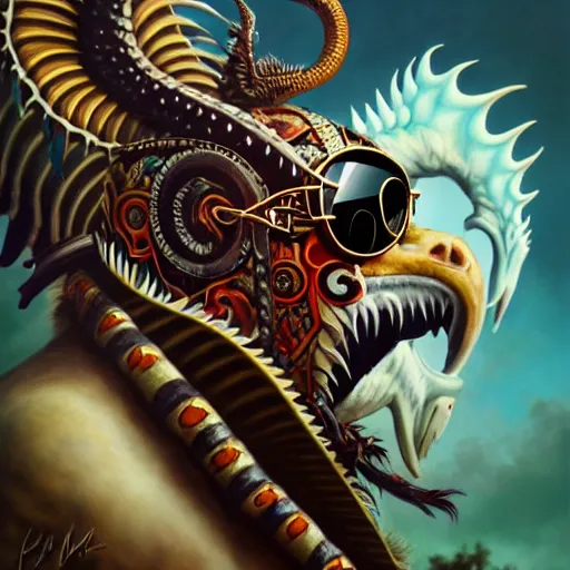 Prompt: side profile of barong family member with ray - ban sunglasses, wiwek, mara demon, one single tribe member, jungle, one single mask, dark, ancient warrior, snake, dragon, eagle, eagle talons, tribal, inner glow, paint by peter mohrbacher