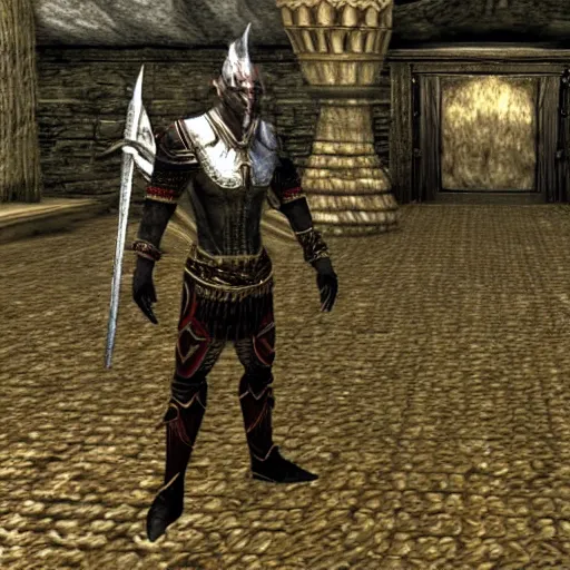 Prompt: Igor Ghirkin Strelkov in The Elder Scrolls III: Morrowind as a dunmer, cinematic still