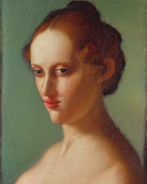 Prompt: an oil painting of a 3 / 4 portrait with a dutch camera view of a muse with a natural physique adorned in calligraphic flourishes for attire, gravity playing its toll, a refined yet relaxed gaze into the camera, smooth edges and curves, shallow depth of field, bokeh, quick shutter, motion blur, focus on eyes and bridge of nose