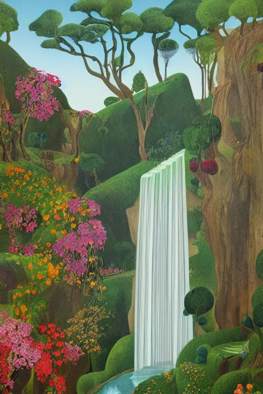 Image similar to hanging gardens of babylon, waterfalls, blooming hills with spring flowers and pillars by helen lundeberg