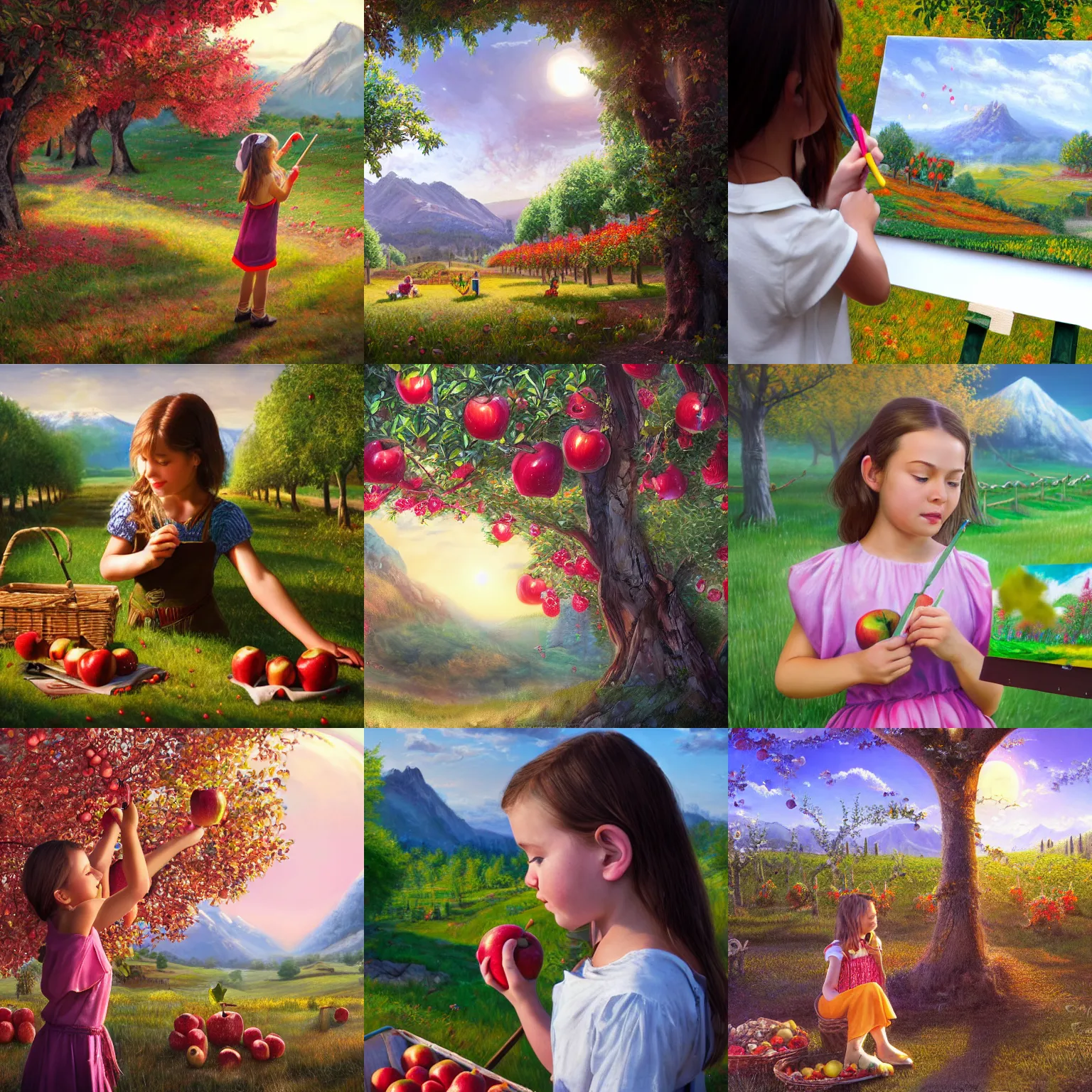Prompt: a closeup photorealistic photograph of girl painting canvas showing fantasy apple orchard, she weared roman toga, film still, brightly lit scene, mountains and trees. this 4 k hd image is trending on artstation, featured on behance, well - rendered, extra crisp, features intricate detail, epic composition and the style of unreal engine