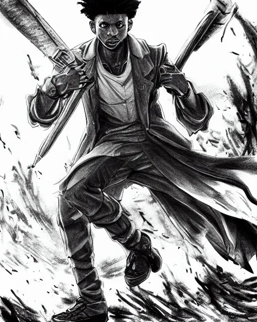 Image similar to a very detailed pencil drawing of 2 1 savage in demon slayer manga panel, action lines, greg rutkowski, in field high resolution, dynamic pose, landscape, medium portrait, action, hyper realistic, manga, koyoharu gotouge, sakuga