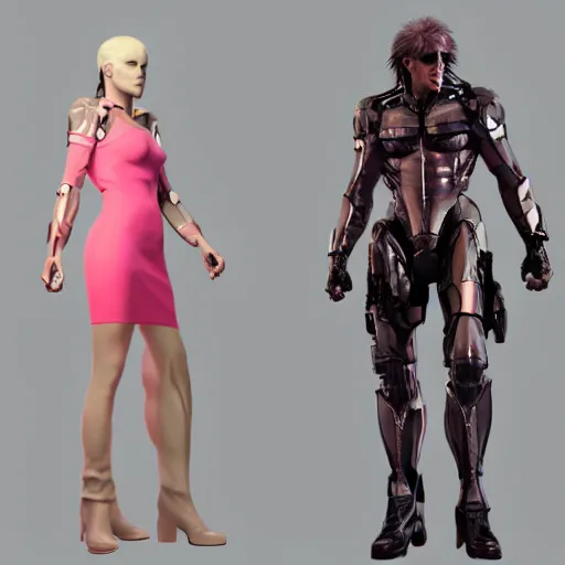 Prompt: 4K HD, unreal engine, metal gear, octane render : (subject= Sundowner from Metal Gear video game + subject detail= man wearing a pink dress, male body proportions)