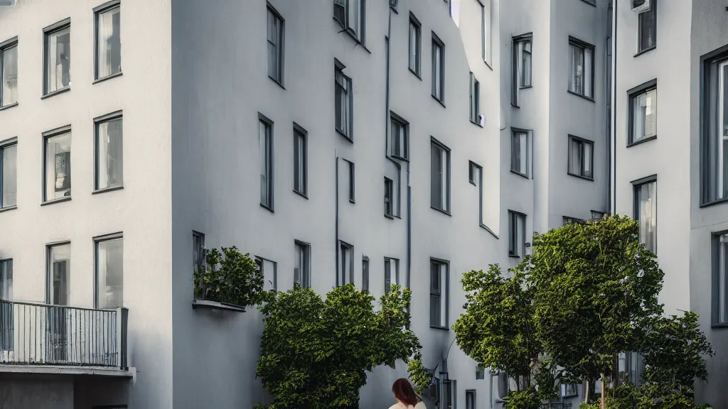 Prompt: a couple, green apartment house, textured walls, quiet street, reykjavik, sunset lighting, rim light, hyper realistic, cinematic frame