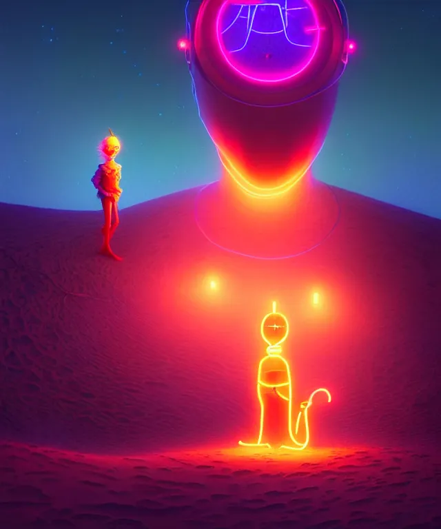 Image similar to Portrait of a young techno-mage casts glowing neon magic. Barchans and dunes. Art by Alexander Jansson and Agnes Lawrence Pelton and Anna Dittmann, Simon Stalenhag, Arthur Rackham. Masterpiece, fantasy art, 8k, octane render, cinematic, beautiful lighting