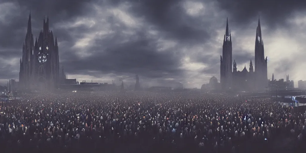 Prompt: crowd of people in dark blue robes, digital cathedral in the distance, ominous clouds, 3 5 mm lens, cinematic, atmospheric, trending on artstation