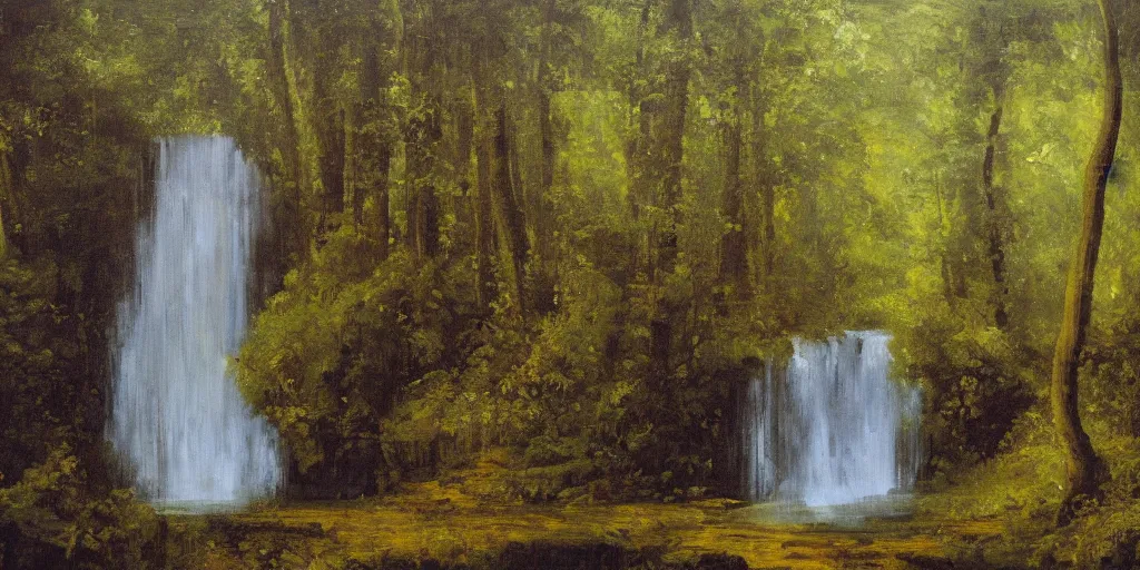 Image similar to A symmetrical oil painting of two waterfalls surrounded by a very dense forest