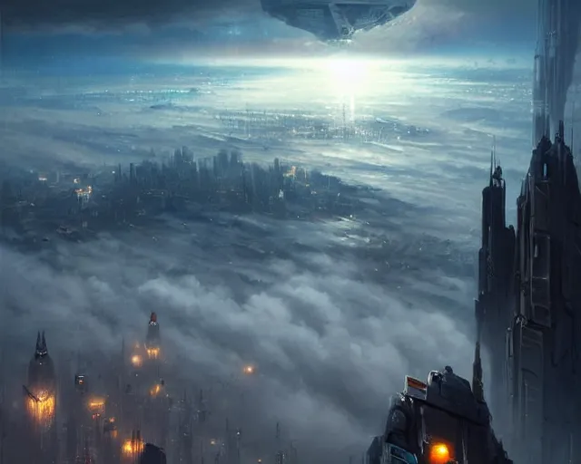 Image similar to great city above the clouds, a sci-fi digital painting by Greg Rutkowski and James Gurney, trending on Artstation, eerily beautiful, highly detailed