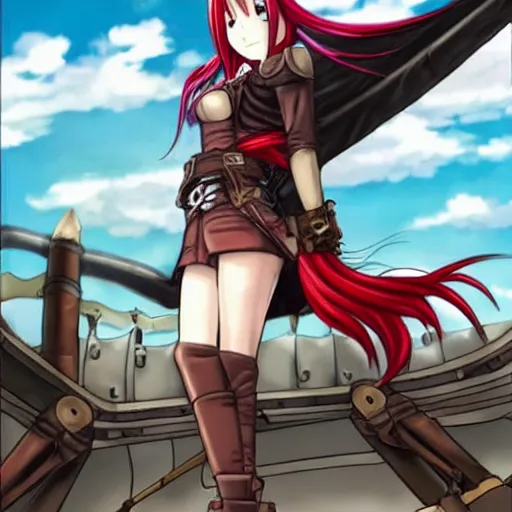 Image similar to sky-pirate with long red hair in front of a steampunk airship, full metal alchemist, anime style