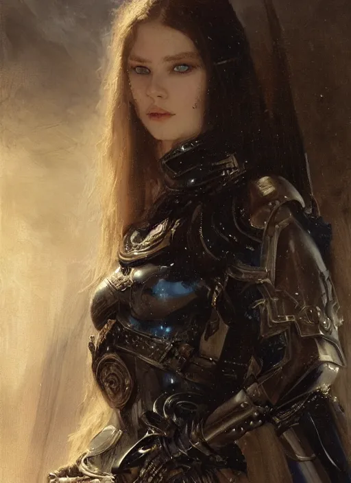 Prompt: beautiful young blue eyed woman wearing black medieval armour, by gaston bussiere, bayard wu, greg rutkowski, giger, maxim verehin, greg rutkowski, masterpiece, sharp focus, cinematic lightning