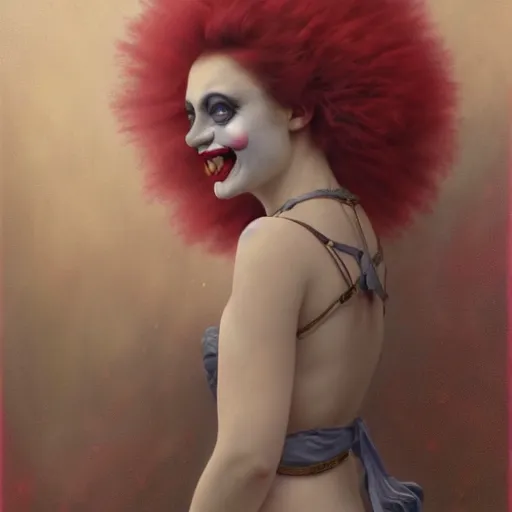 Image similar to artstyle by Tom Bagshaw, ultra realist soft painting of a curiosities carnival, single beautiful female clown with a big smile in a long dress, symmetry accurate features, very intricate details, focus, curvy, award winning