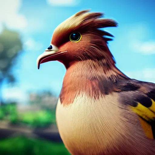 Image similar to photography of a realistic pidgeotto animal, ultra detailed, 8 k, cinematic lighting, natural background, trending on artstation, pokemon