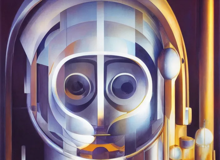 Image similar to a portrait headshot of sci fi metallic human, bright eyes, melancholic complex geometric figure liminal machinery by oskar schlemmer, moebius, john berkey, film grain, oil on canvas, portrait facial head, featured on artstation, hd wallpaper, 8 k, bright colors, global lighting, radiant light