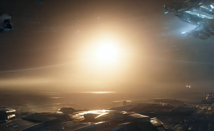 Image similar to Area 18 from star citizen. daylight. sunlight. lens flare. light fixtures. 8K. detailed. photorealism. artstation. 25mm f/1.7 ASPH Lens. ultra realistic