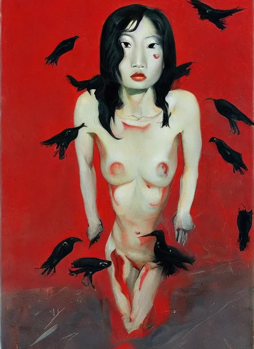 Image similar to stunning asian college girl standing on her knees, frozen cold stare, scream, startled, blood red background, transparent gray skirts, stockings, crows swarming trapped in the void as a symbol of death, in style of surrealism of Francis Bacon painting, Ilya Kuvshinov, John Singer Sargant, impasto textures of Chaim Soutine and Frank Auerbach, American Gothic, Japanese Gothic, strange cinematic light