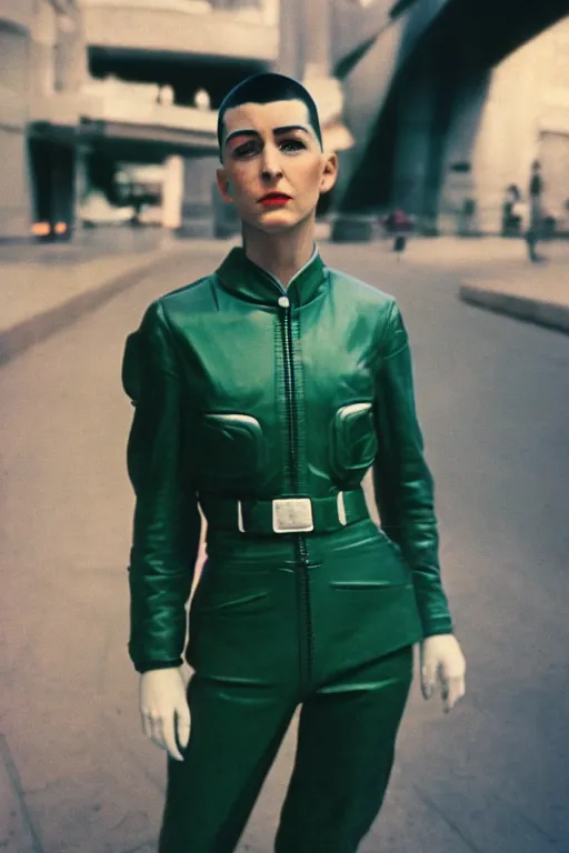 Prompt: ektachrome, 3 5 mm, highly detailed : incredibly realistic, perfect features, buzz cut, beautiful three point perspective extreme closeup 3 / 4 portrait photo in style of chiaroscuro style 1 9 7 0 s frontiers in flight suit cosplay paris seinen manga street photography vogue fashion edition
