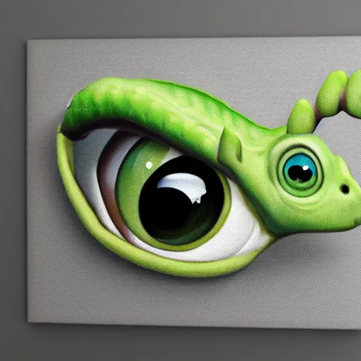 Image similar to a cute baby dinosaur with big eyes, 3d model, shaded, matte on canvas