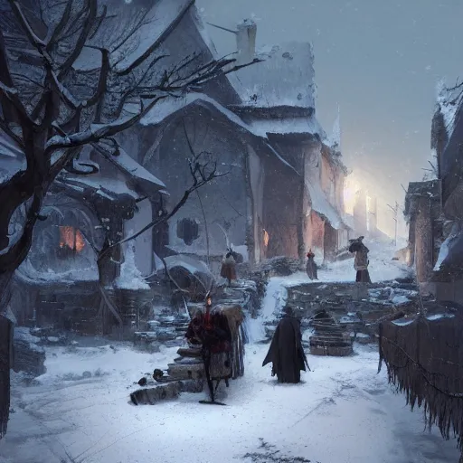 Image similar to Several bodies of dead villagers in the middle of a village in the snow, fantasy, medieval, highly detailed, Artstation, painting by greg rutkowski