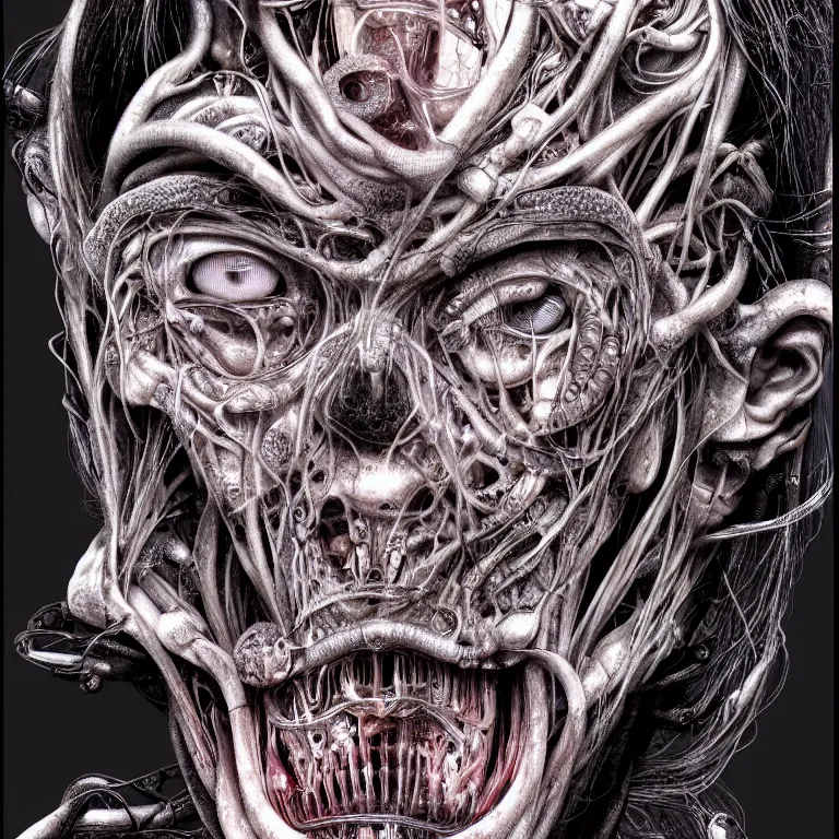 Image similar to portrait of neural nightmares by yoshitaka amano and HR Giger, detailed face face face face, facial structure, hd, 8k, very very very very electronic, biomechanical, biology, bio, neural machine, single subject, terror