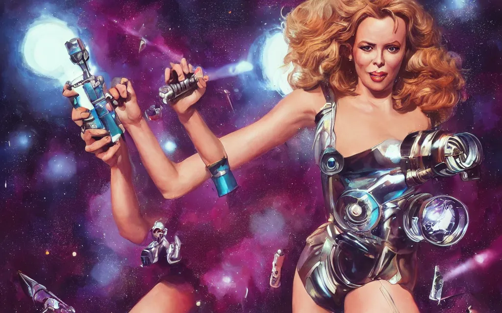 Image similar to kylie minogue as barbarella. floating through an airlock, holding a raygun. soft lighting. glamorous. sophisticated. hyper detailed painting. trending on artstation. cinematic.