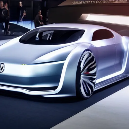 Image similar to a concept volkswagen vision gran turismo ID.R silver supercar inside a dark showroom with studio spotlights reflecting on the bodywork