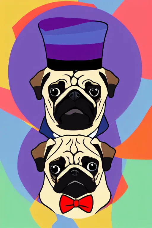 Image similar to A portrait of a pug with a top hat, sticker, colorful, illustration, highly detailed, smooth and clean vector curves, no jagged lines, vector art, smooth