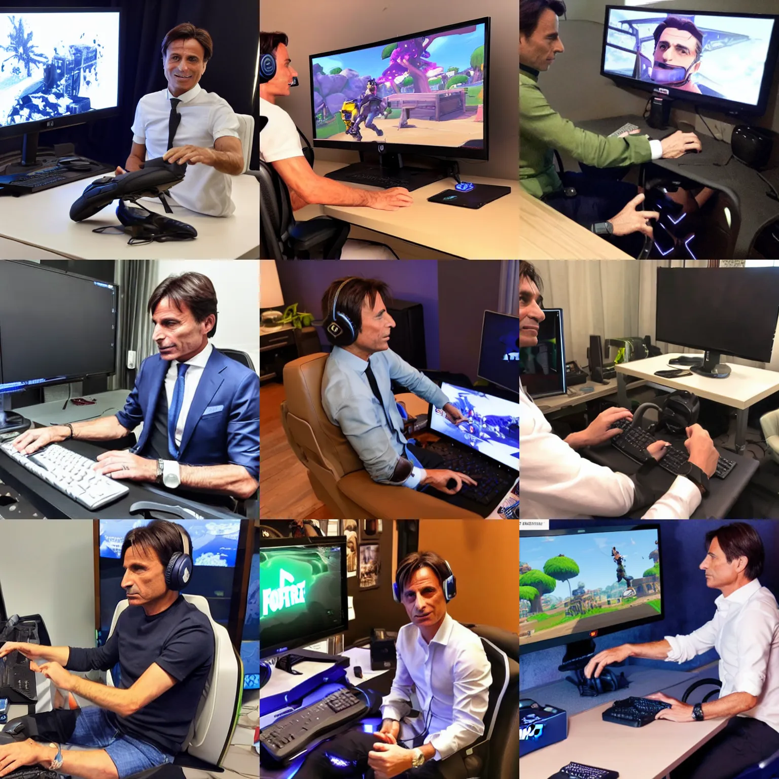 Prompt: giuseppe conte playing fortnite on pc while sitting on a gaming chair