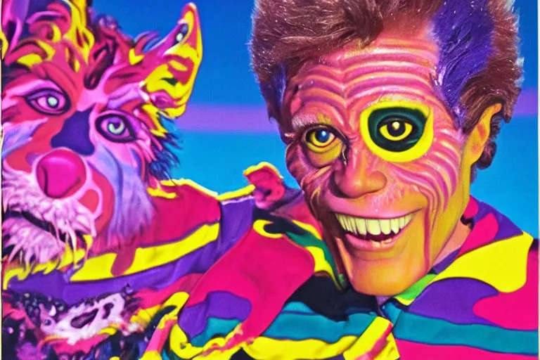 Prompt: lisa frank painting of willem dafoe at showbiz pizza 1 9 8 9