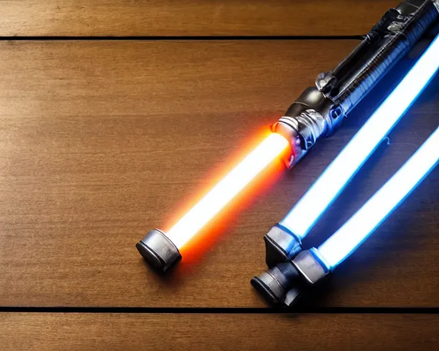 Image similar to a photograph of a lightsaber on a wooden table, very detailed, high definition,