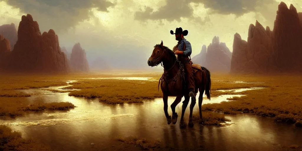 Image similar to a lonesome cowboy on his horse is crossing american plains with a small riverbed, mountaineous background, cloudy day, highly detailed, digital art, by greg rutkowski, by albert bierstadt