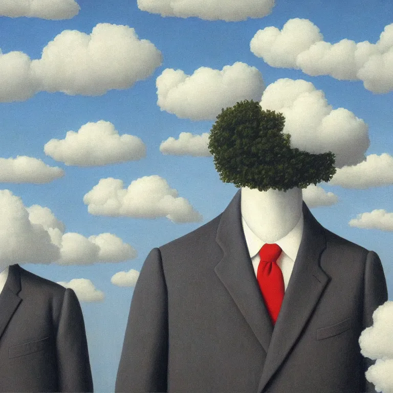 Image similar to portrait of a faceless cloud - head man in a suit, clouds in the background, by rene magritte, detailed painting, distance, middle centered, hd, hq, high resolution, high detail, 4 k, 8 k