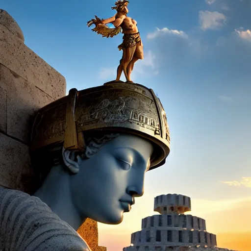 Image similar to tiny greek goddess in steel helmet standing on a giant greek bearded male head of Zeus, greek temple of olympus glory island, late afternoon light, wispy clouds in a blue sky, by frank lloyd wright and greg rutkowski and ruan jia