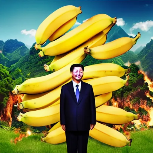 Prompt: Chinese president with bananas, dragon, mountains background, epic stance, battle