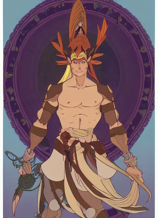 Image similar to official digital painting artwork of a male warrior character by don bluth, ross tran and studio ghibli + alphonse mucha.