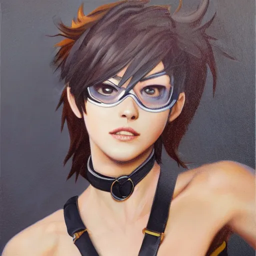 Image similar to oil painting of tracer overwatch in a field wearing very large black leather belt choker collar around neck, in style of mark arian, expressive face, very detailed face, very detailed eyes, belt around neck, full body, feminine face, tracer overwatch,