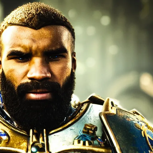 Image similar to Portrait of Alexandre Lacazette as the emperor of humanity from warhammer 40k in Gears of War, splash art, movie still, cinematic lighting, dramatic, octane render, long lens, shallow depth of field, bokeh, anamorphic lens flare, 8k, hyper detailed, 35mm film grain