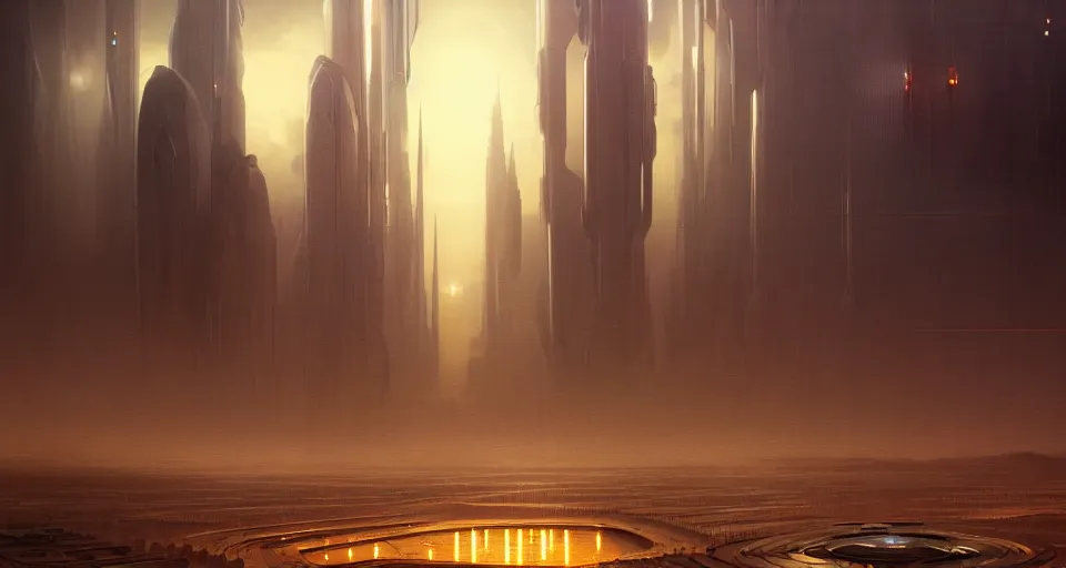 Image similar to cinematic shot, futuristic city on the mars made of stacked disks, utopian, bladerunner, digital painting, artstation, concept art, smooth, sharp focus, illustration, intricate, elegant, highly detailed, in the style of greg rutkowski and alphonse mucha and artemisia, 8 k, highly detailed, jurgens, rutkowski