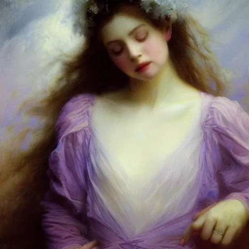 Image similar to A beautiful body art of a castle in the clouds. pale violet by Thomas Benjamin Kennington turbulent, harrowing