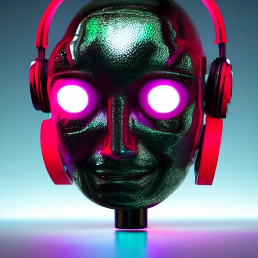 Image similar to a glossy claymodel of a cyberpunk aztec futurism robot head with glowing headphones, 8 k, symetrical, flourescent colors, halluzinogenic, multicolored, very detailed, black background, 3 d render,