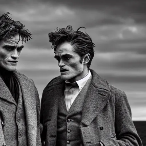 Image similar to Willem Dafoe and Robert Pattinson in The Lighthouse (2019), black and white cinematography