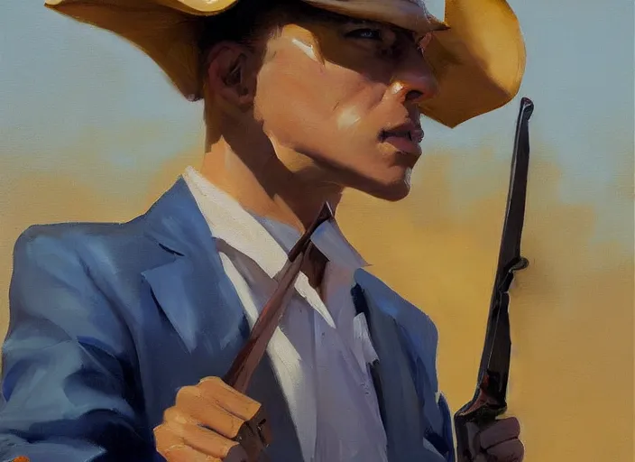 Image similar to greg manchess portrait painting of a blond man in a blue suit with a sword and a pistol, asymmetrical, profile picture, organic painting, sunny day, matte painting, bold shapes, hard edges, street art, trending on artstation, by huang guangjian, gil elvgren, ruan jia, randy vargas, greg rutkowski