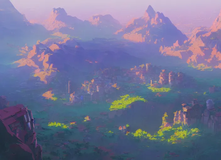 Prompt: concept art painting of a distant valley village from above, early morning, cel shaded, by makoto shinkai and moebius and anton fadeev and james gurney