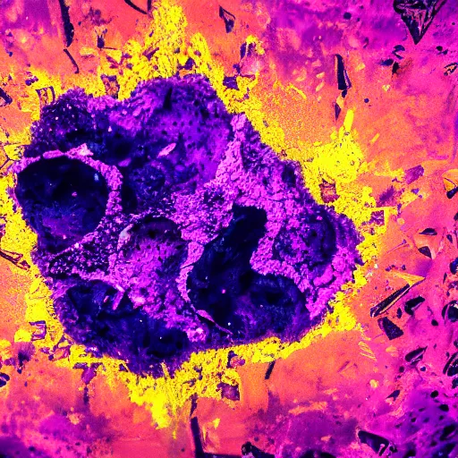 Image similar to 3D sculpture!!!, purple shattered paint!, glowing lava!!!, conglomerate!, slush!!, organized composition!, abstract!, black backdrop!, 4k!, award-winning photo!!!!