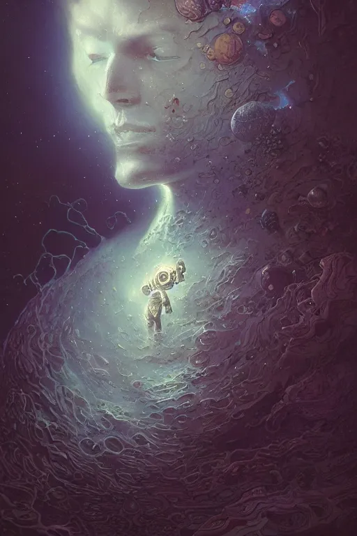 Prompt: close up shot of an astronaut portrait fading into the aether, water elemental, james gurney, peter mohrbacher, mike mignola, black paper, mandelbulb fractal, trending on artstation, exquisite detail perfect, hyper detailed, intricate ink illustration, black background