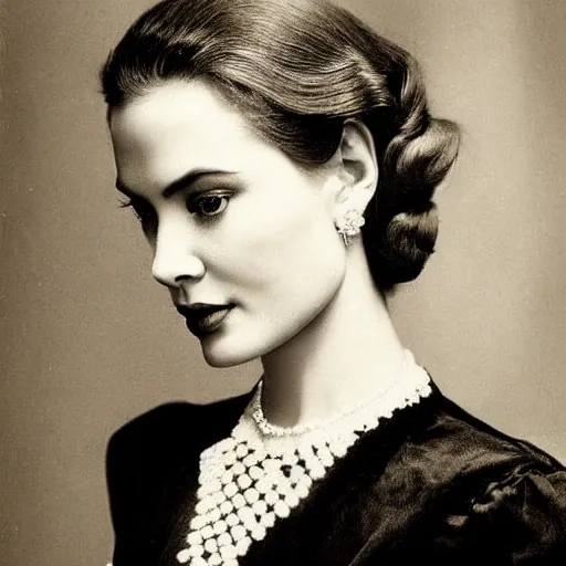 Image similar to victorian photograph of grace kelly, angelina jolie, 1 8 9 0 s photography, 1 9 0 0, realistic face, symmetrical face, detailed, grainy, edwardian, old photo